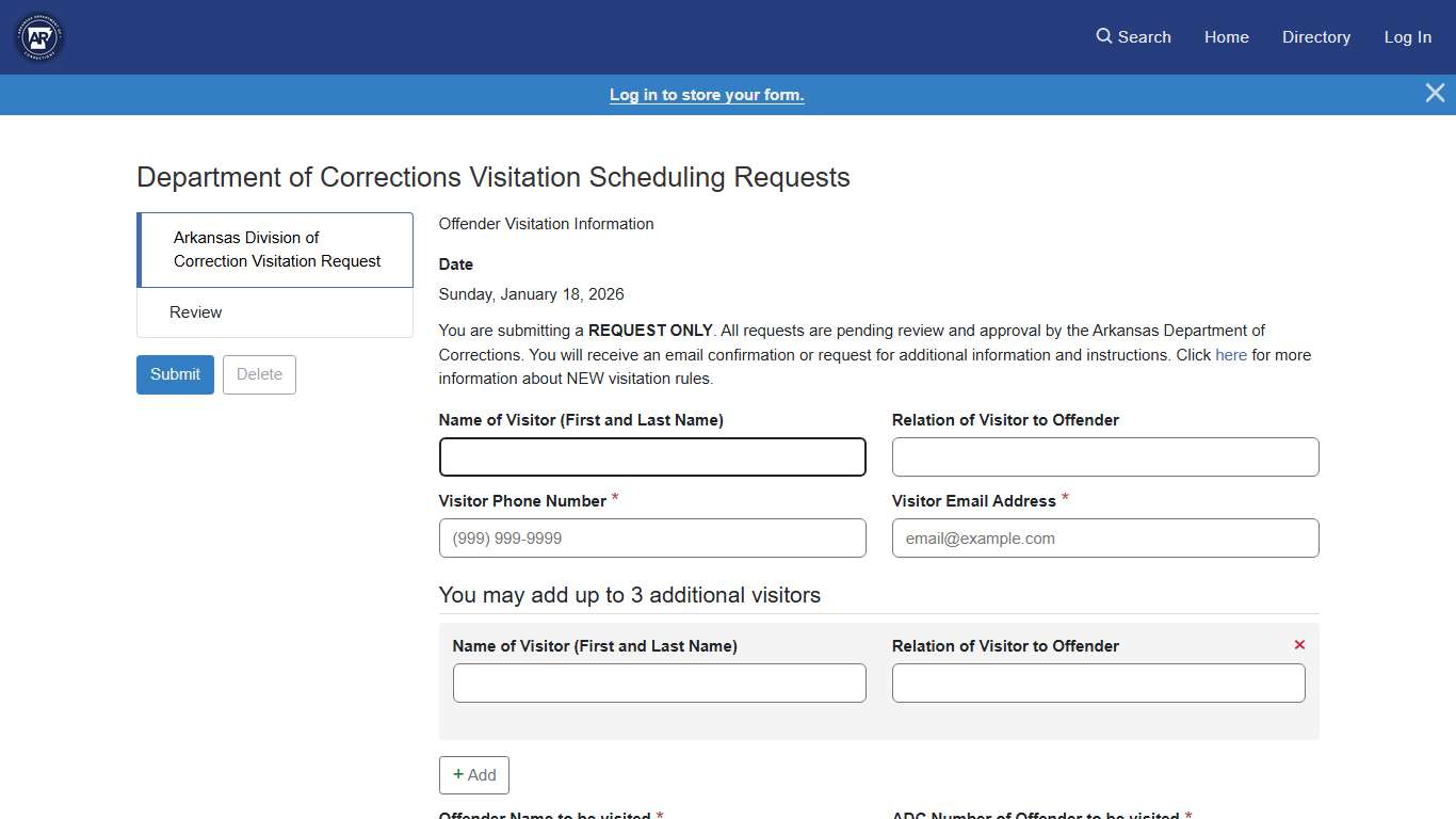 Department of Corrections Visitation Scheduling Requests: Corrections, Arkansas Department of (ADC)